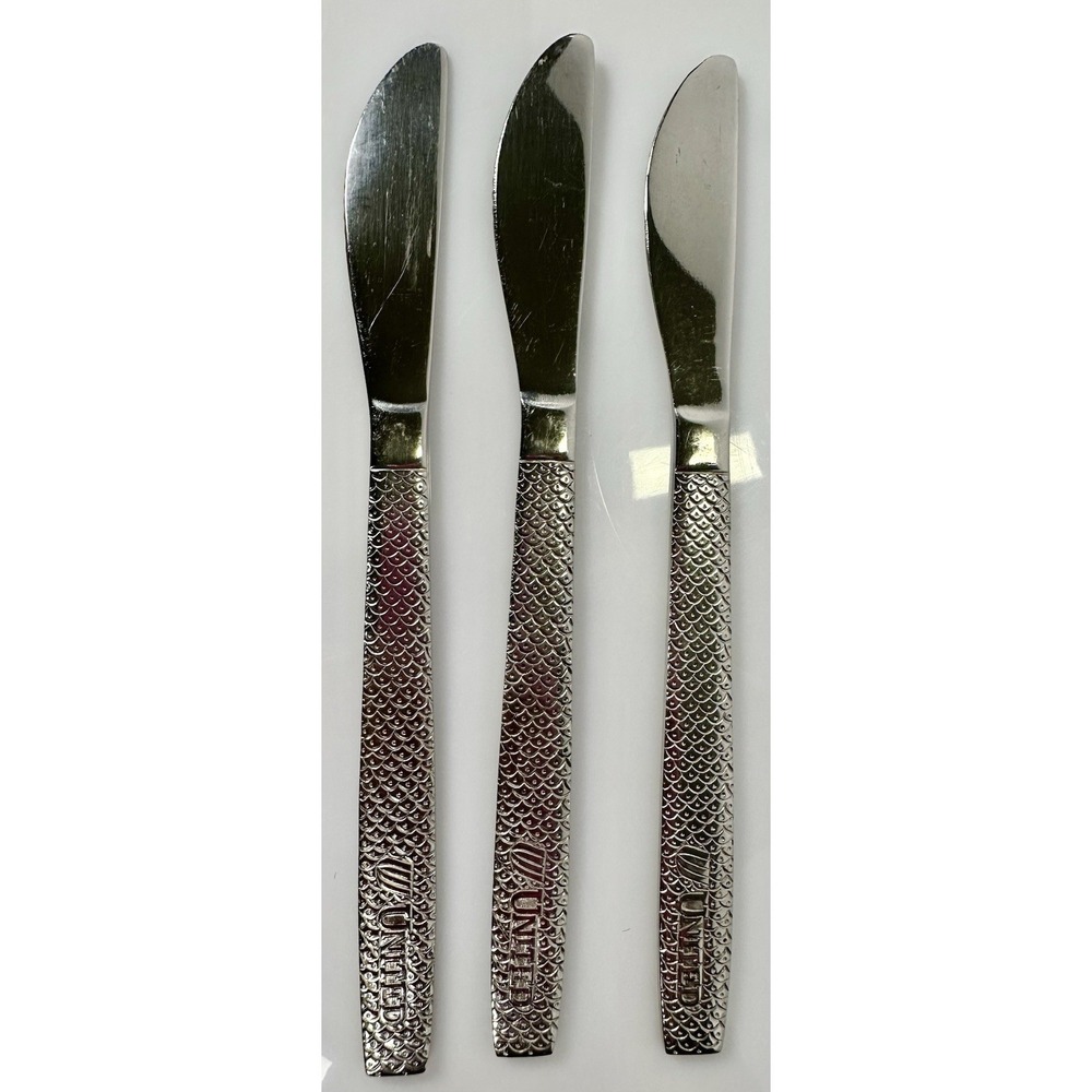 United Airlines Serrated Butter Knifes (3) Cutlery Stainless‎ Logo ABCO Vintage